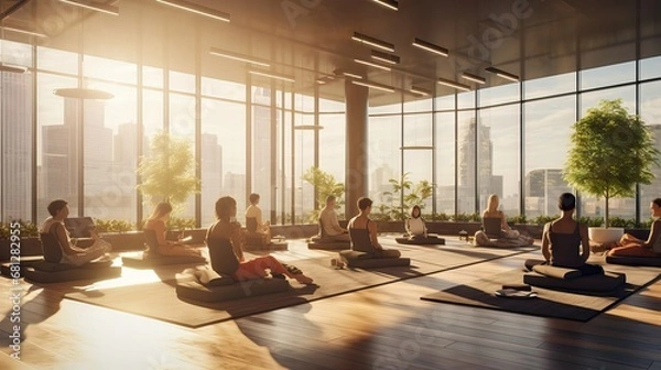 Fototapeta A dynamic team from a corporate office engaging in a group yoga session, promoting well-being, team bonding, and mindfulness in the workplace. Generative AI.