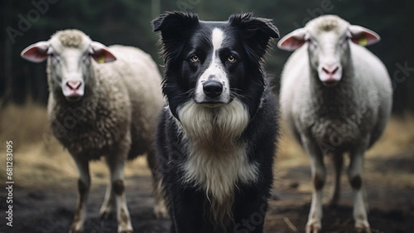 Fototapeta Working Dog Border Collie and Two Sheep in the Field