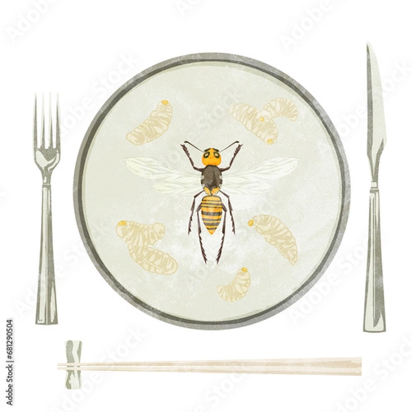 Fototapeta 皿に乗ったハチの子と蜂の手描き水彩風イラスト
