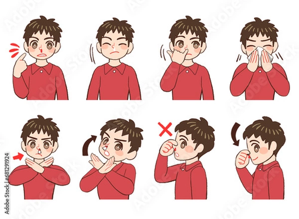 Obraz 鼻血を出している男の子供のイラストセット