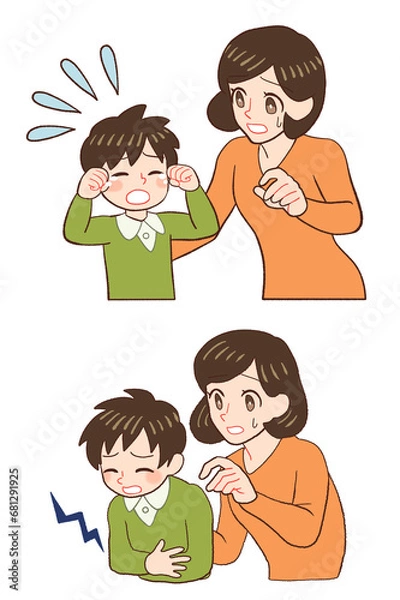 Obraz 泣く・腹痛を訴える子供を心配するお母さん