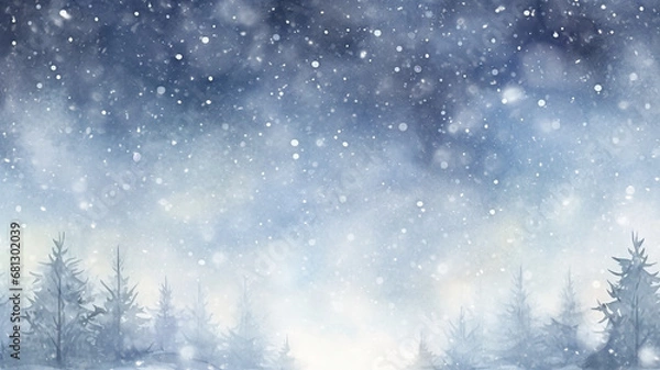 Fototapeta abstract watercolor background snowfall, christmas view blurred blizzard light blue snowflakes on a white city background