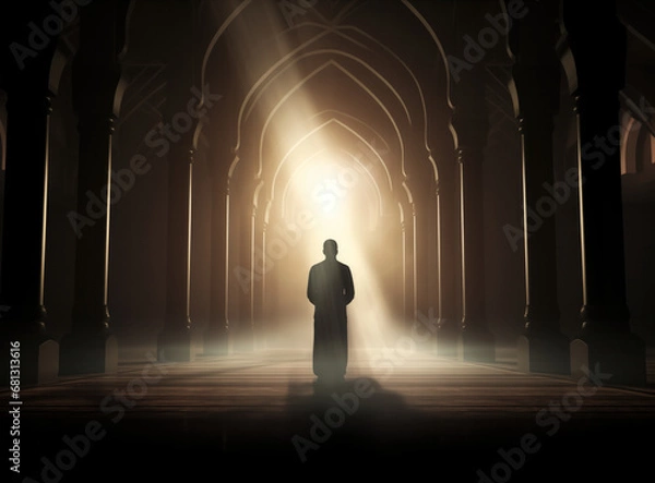 Fototapeta Silhouette of a Muslim man praying in the mosque