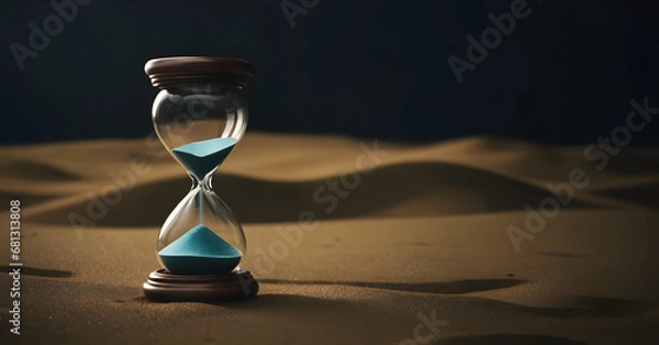 Fototapeta Timeless Concept of Hourglass on Arid Desert Sands with Twilight Sky, Symbolizing Urgency, Patience, and the Inevitable Passage of Time in a Tranquil Nature Setting