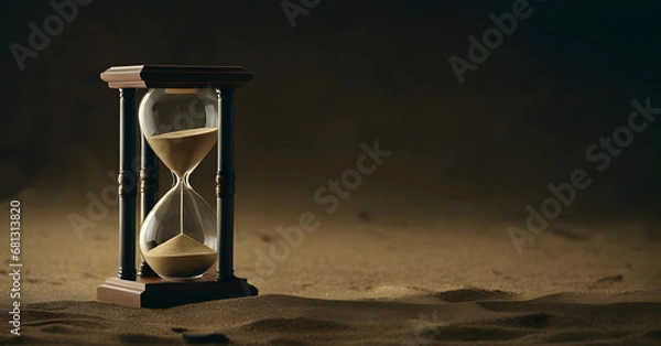 Fototapeta Timeless Concept of Hourglass on Arid Desert Sands with Twilight Sky, Symbolizing Urgency, Patience, and the Inevitable Passage of Time in a Tranquil Nature Setting