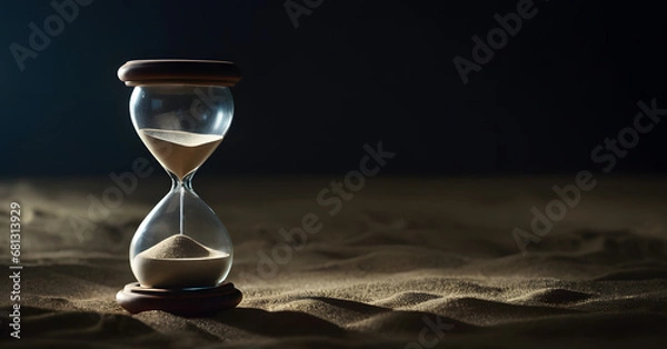Fototapeta Timeless Concept of Hourglass on Arid Desert Sands with Twilight Sky, Symbolizing Urgency, Patience, and the Inevitable Passage of Time in a Tranquil Nature Setting