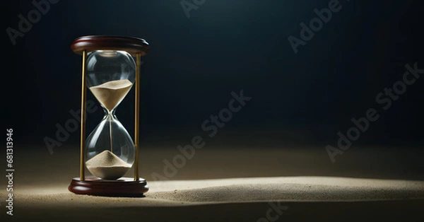 Fototapeta Timeless Concept of Hourglass on Arid Desert Sands with Twilight Sky, Symbolizing Urgency, Patience, and the Inevitable Passage of Time in a Tranquil Nature Setting