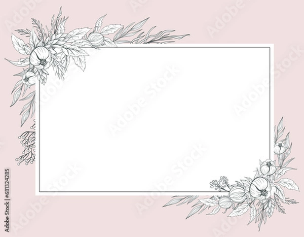 Obraz Hand drawn floral frames with flowers, branch and leaves. Wreath. Elegant logo template. Vector illustration for labels, branding identity, wedding invitation