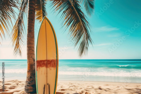 Fototapeta A surfboard against a palm tree on a sunny beach, capturing the joy of a Pacific coast surfing lifestyle. AI Generative.