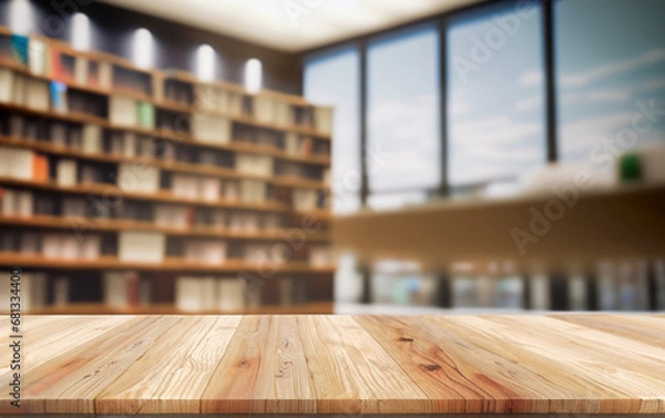 Fototapeta Empty wooden table and modern library background, product display.