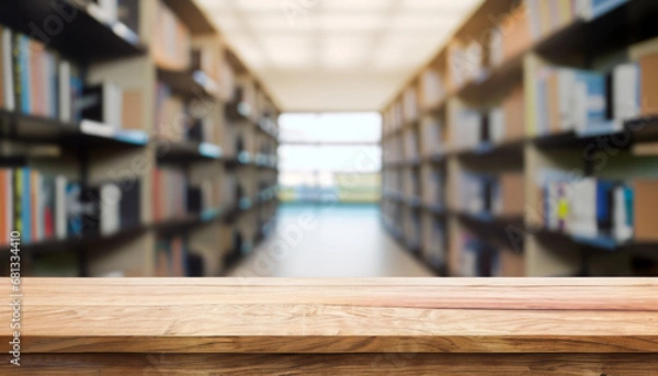 Fototapeta Empty wooden table and modern library background, product display.