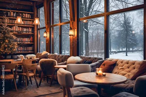 Obraz Cozy winter cafe interior with beautiful view