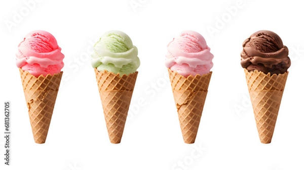 Fototapeta Ice cream scoop on waffle cone on transparent background cutout, PNG file. Many assorted different flavour Mockup template for artwork design.