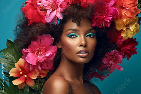 Fototapeta カラフルな花に囲まれた黒人女性の美しいポートレート