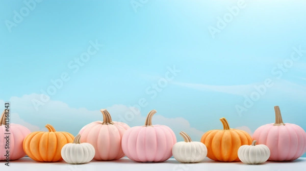 Obraz Pumpkins for Halloween. Happy Halloween
Autumn colorful pumkins on light blue wooden background. Harvest, fall time and halloween concept, post card, copy space.
