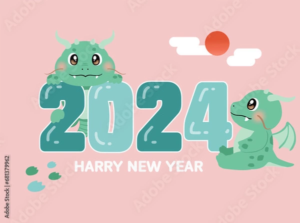 Fototapeta 2024 new year greeting illustration with dragon character. 2024 용캐릭터가 있는 새해인사 일러스트