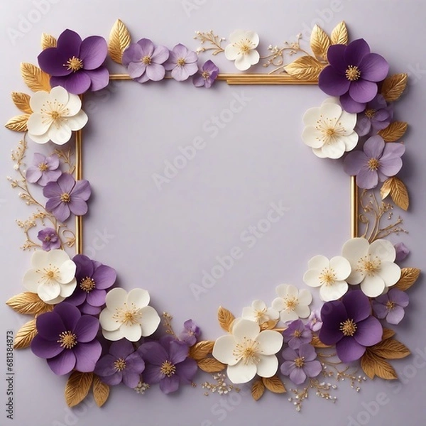 Obraz Elegant decorative small flowers golden white and purple invitation blank card  frame design. Ai image generative.