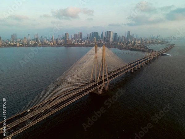 Fototapeta Aerial view of vehicles Passing over Bandra Worli Sea Link in Mumbai, India. Weather in Mumbai, Morning skyline Mumbai. Developing India concept. Longest Bridge in India.