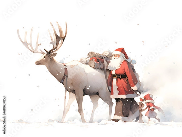 Fototapeta トナカイと歩くサンタクロース
