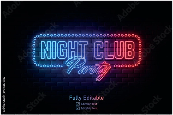 Fototapeta Vector neon effect light night party editable text effect and night club logo for neon text effect	