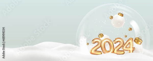 Obraz Christmas and New Year greeting card with transparent ball with numbers, balls, confetti, ribbons.