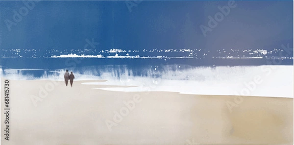 Fototapeta Marzycielski krajobraz z dwiema osobami stojącymi na piaszczystym brzegu morza. Tradycyjne japońskie malowanie tuszem sumi-e