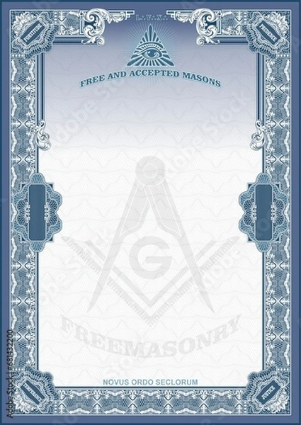Fototapeta Vertical blank with Masonic symbols for creating certificates, diplomas, bills and other securities. Classic design in blue and white with rococo elements.