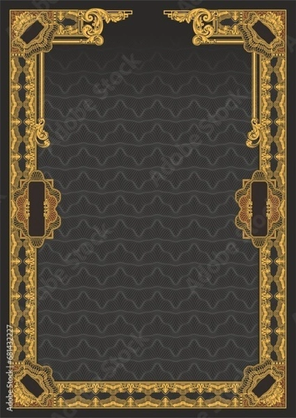 Fototapeta Blank vertical form for creating certificates, diplomas or other securities and documents. Made in a classic style with gold elements on a black background. A4 format.