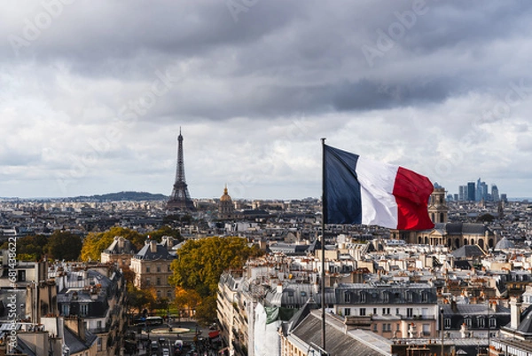 Obraz Paris skyline panorama with the Eiffel Tower and French flag