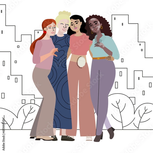 Fototapeta Girls with disabilities friends. Ostoma support, vector  girlfriends with inclusivity, deversity and inclusion concept
