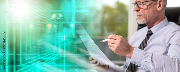 Fototapeta Portrait of mature businessman checking a document; multiple exposure