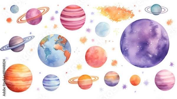 Fototapeta Watercolor planets, solar system illustration set isolated on white background