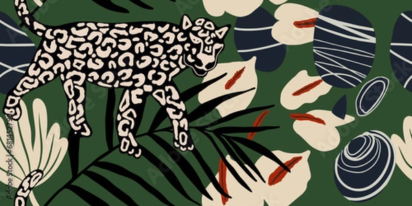 Fototapeta Hand drawn abstract jungle pattern with leopards. Creative collage contemporary seamless pattern. Fashionable template for design.
