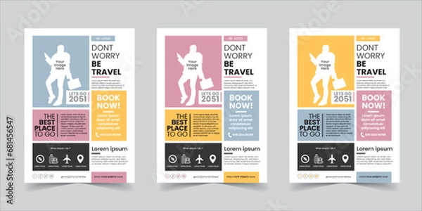 Fototapeta Engaging Travel Promotion Flyer Featuring a Modern Layout with a Stylish Traveler, Bold Typography, Informative Booking Details, Travel Essentials