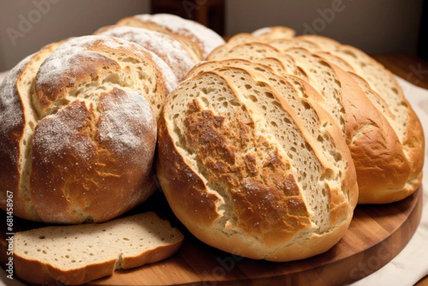 Fototapeta Freshly baked bread on a wooden board, close-up.Bagel Generative AI