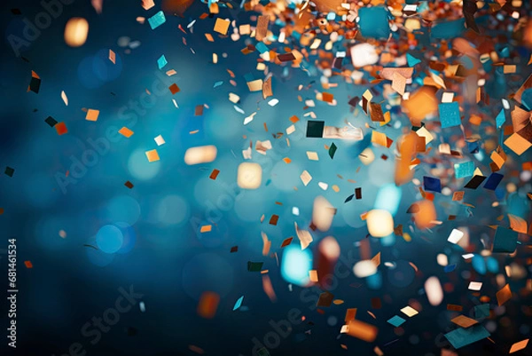 Obraz Colored confetti flying on blue background