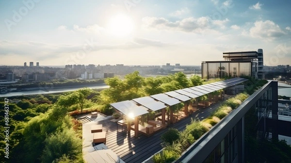 Obraz Green hotel initiatives, high-angle shot of a verdant hotel rooftop garden, solar panels gleaming in the sun, emphasizing sustainability in hospitality.