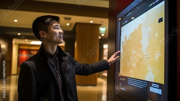 Obraz Digital concierge, close-up shot of a guest using an interactive screen in the hotel lobby, illustrating the blend of tradition and technology in modern hospitality.