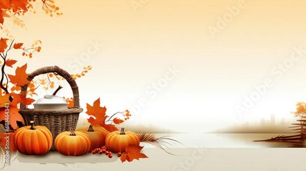 Fototapeta Festive autumn decor of pumpkins, berries and leaves on a white background. Autumn composition. Thanksgiving concept. Copy Space.
