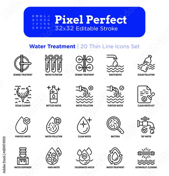 Fototapeta Water treatment thin line icons set: sewage treatment, water filtration, wastewater, ocean pollution, cleanup, clean water act, chlorinated, ultraviolet cleaning. Editable stroke. Vector illustration.