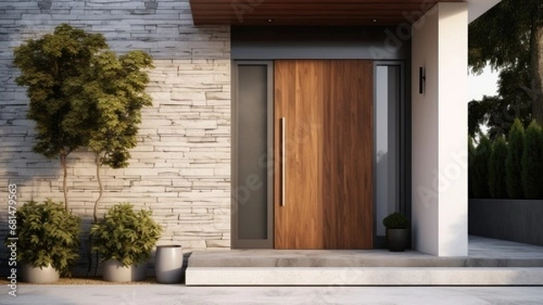 Fototapeta Modern entrance door by wooden, which makes the house really elegant and homely right from the start. Generative AI Technology 