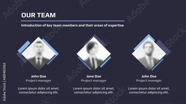 Fototapeta Our team web page with member avatars for business presentation or landing page on dark blue background. Website page template.