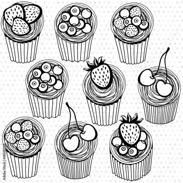 Fototapeta Seamless pattern with hand drawn cupcakes on a polka dot backgro
