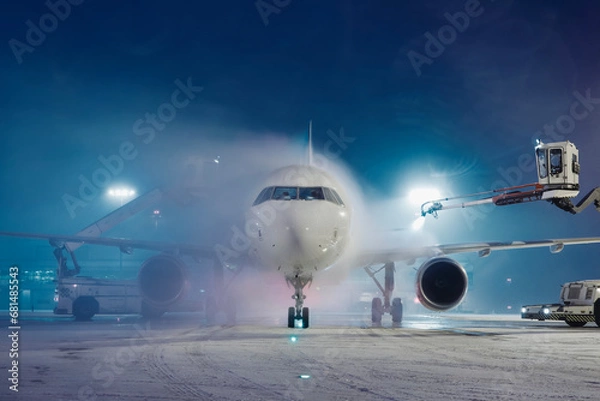 Fototapeta Deicing of airplane before flight. Winter frosty night and ground service at airport during snowfall..