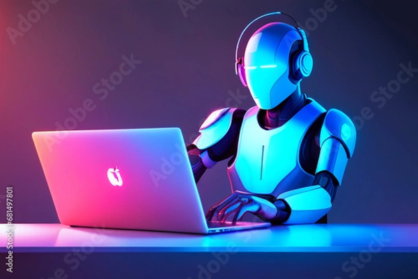 Fototapeta The robot works at the computer. The future of cyber learning