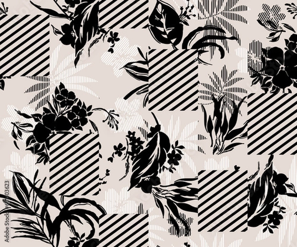 Fototapeta Modern silhouette tropical leaves ,foliage with geometric stripe Seamless pattern,Design for fashion , fabric, textile, wallpaper, cover, web , wrapping and all prints.