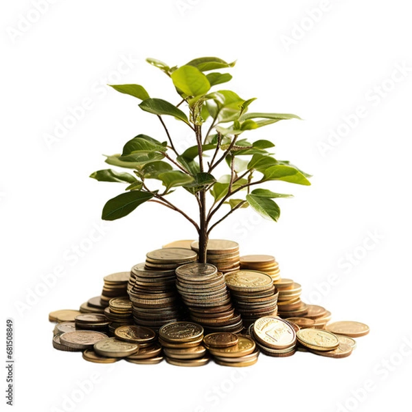Fototapeta A small tree on stack coins, isolated on white or transparent background.