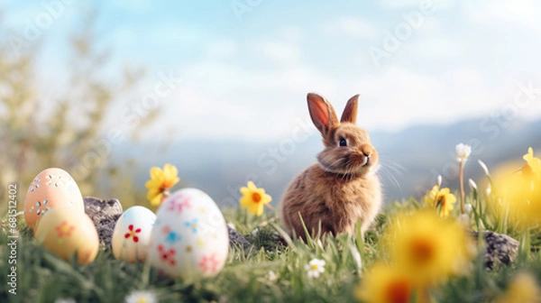 Obraz Easter bunny and Easter eggs on a meadow with daffodils