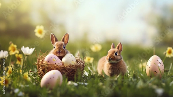 Obraz Easter Bunnies with Easter eggs in a basket on grass