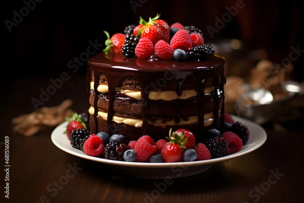 Fototapeta Slice of chocolate cake with raspberries on black background promotional commercial photo
